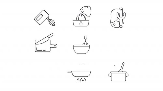 Animated kitchen utensils line icons. Cooking equipment animation. Homemade food. Culinary school. Cooking recipe. Loop HD video with alpha channel, transparent background. Outline motion graphic