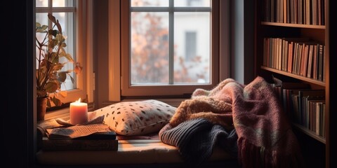 A cozy reading nook with a stack of books, a cushion, and a warm blanket, concept of Comfortable solitude, created with Generative AI technology