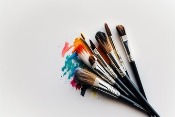 Obraz premium Composition of painting brushes on white background with copy space