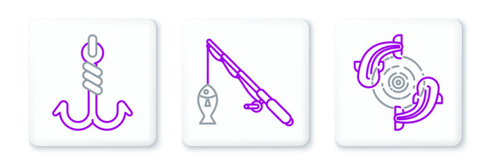 Set line Fish, Fishing hook and rod and fish icon. Vector