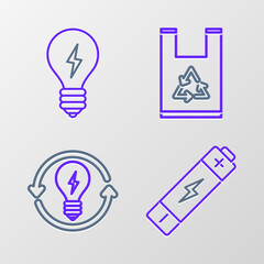 Set line Battery, Recycle and light bulb with lightning symbol, Plastic bag recycle and Light icon. Vector