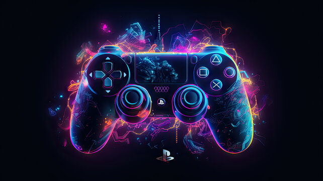 Glowing neon light gamepad - generative AI, AI generated
