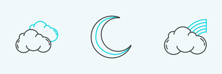 Set line Rainbow with clouds, Cloud and Moon and stars icon. Vector