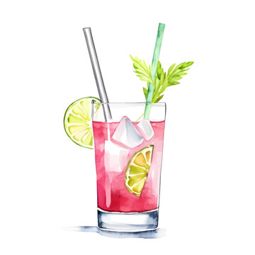 Watercolor summer drink, alcohol cocktail with lemon, ice and mint. Hand drawn isolated summer drink glass on white background. Artistic illustration.