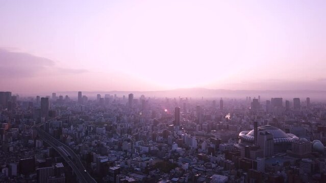 Osaka Sunset, Kyocera Dome and Highway in Foreground Drone 1