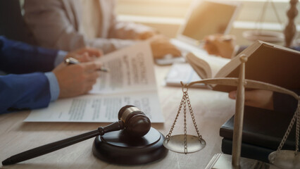 Business lawyer team. Working together judge counselor having team meeting with client discussing legal legislation at law firm, Law and Legal services concept.