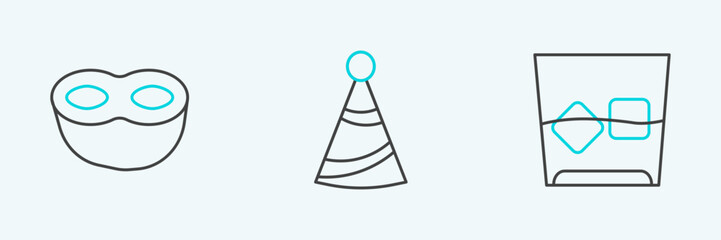 Set line Glass of whiskey and ice cubes, Festive mask and Party hat icon. Vector