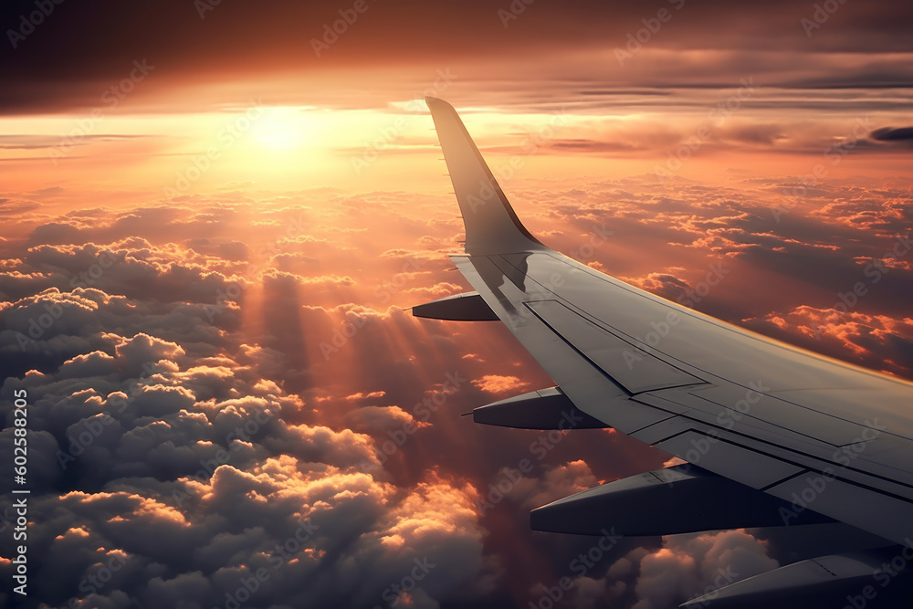 Canvas Prints clouds at sunset from airplane. journey. generative ai