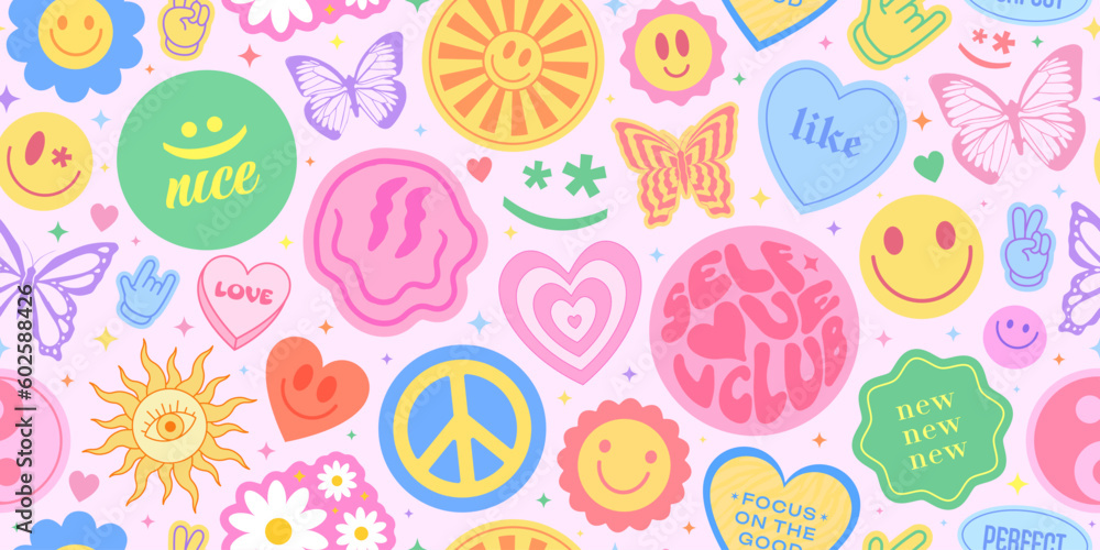 Poster cool y2k seamless pattern with smile stickers. pop art illustration for print. trendy groovy texture