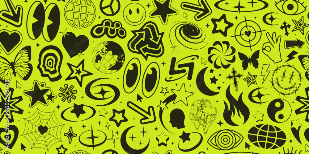 Aufkleber cool y2k seamless pattern. rave graphic elements. trendy acid vector background..