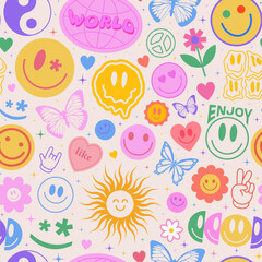 Fototapeta na wymiar Cool Y2k Seamless Pattern with Smile Stickers. Pop Art Illustration for Print. Trendy Groovy Texture.
