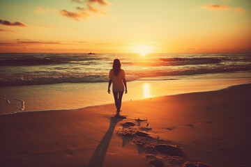 Fototapeta na wymiar woman walking on beach at sunset in summer. generative ai