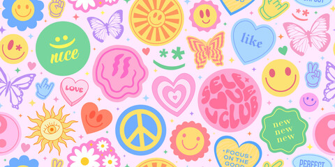 Cool Y2k Seamless Pattern with Smile Stickers. Pop Art Illustration for Print. Trendy Groovy Texture.