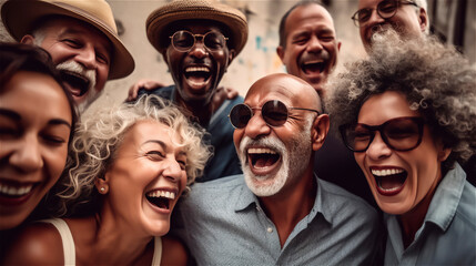 Obraz premium a group of international friends laugh heartily together, gerenative AI