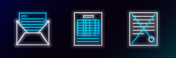 Set line Delete file document, Mail and e-mail and Report icon. Glowing neon. Vector