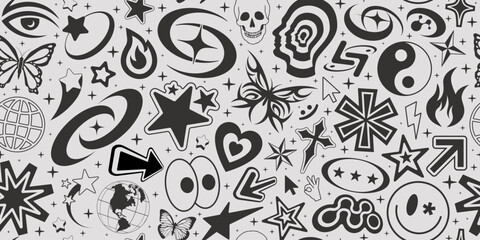 Naklejka premium Cool Y2k Seamless Pattern. Rave Graphic Elements. Trendy Acid Vector Background..