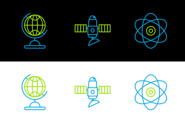 Set line Atom, Earth globe and Satellite icon. Vector