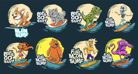 Animals dude night surfer cool summer t-shirt print. Bear, dinosaur, crocodile midnight ride surfboar