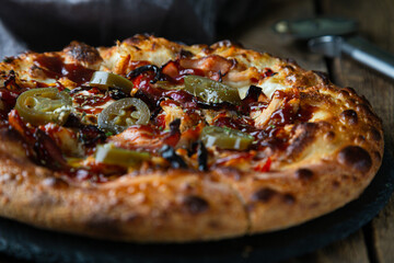 Pizza with barbecue sauce from the oven
