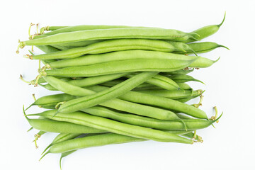 Bundle of fresh green beans on white background. Space for text.