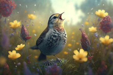 Singing Song Bird in Field of Flowers