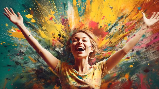 Young woman stands in front of a colourfully stained wall, laughs and raises her arms high, gerenative AI