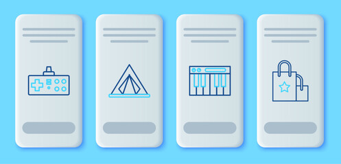 Set line Tourist tent, Music synthesizer, Gamepad and Paper shopping bag icon. Vector