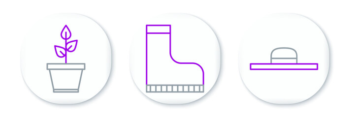Set line Worker hat, Plant in pot and Waterproof rubber boot icon. Vector