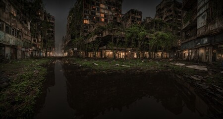 Fototapeta na wymiar Post Apocalyptic Overgrown Buildings and Architecture by a Reclaimed Creek. Last Diner of the Survivors at Sundown. (generative ai) 