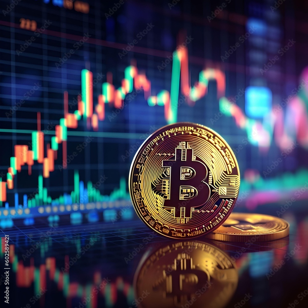 Poster bitcoin stock growth. chart shows a strong increase in the price of bitcoin. investing in virtual as