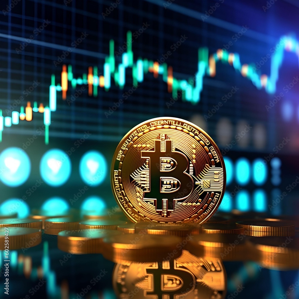 Poster bitcoin stock growth. chart shows a strong increase in the price of bitcoin. investing in virtual as