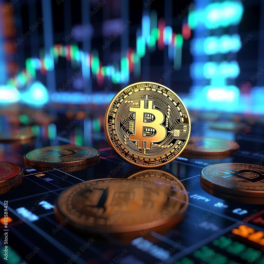 Poster bitcoin stock growth. chart shows a strong increase in the price of bitcoin. investing in virtual as
