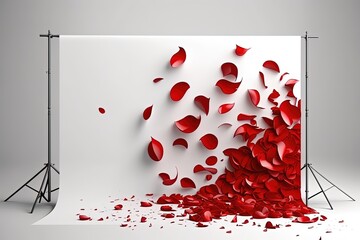 White backdrop with red rose petals