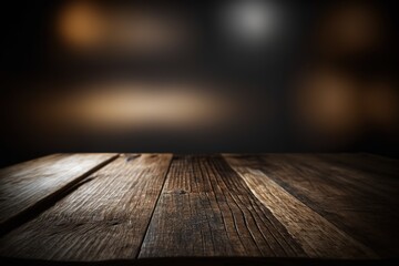 Naklejka na ściany i meble Wooden table with dark blurred background.
