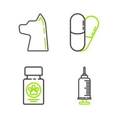 Set line Syringe with pet vaccine, Dog medicine bottle and pills, and Cat icon. Vector