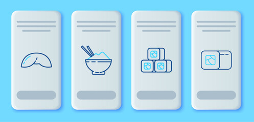 Set line Rice in a bowl with chopstick, Sushi, Chinese fortune cookie and icon. Vector