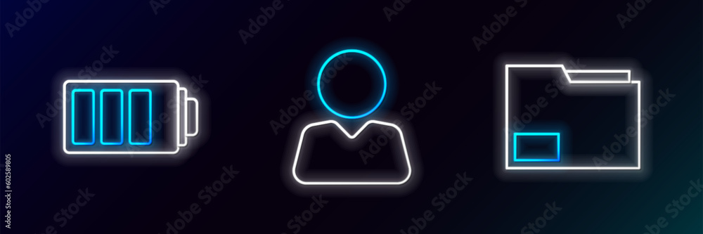 Poster set line document folder, battery charge level indicator and add friend icon. glowing neon. vector