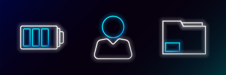 Set line Document folder, Battery charge level indicator and Add friend icon. Glowing neon. Vector