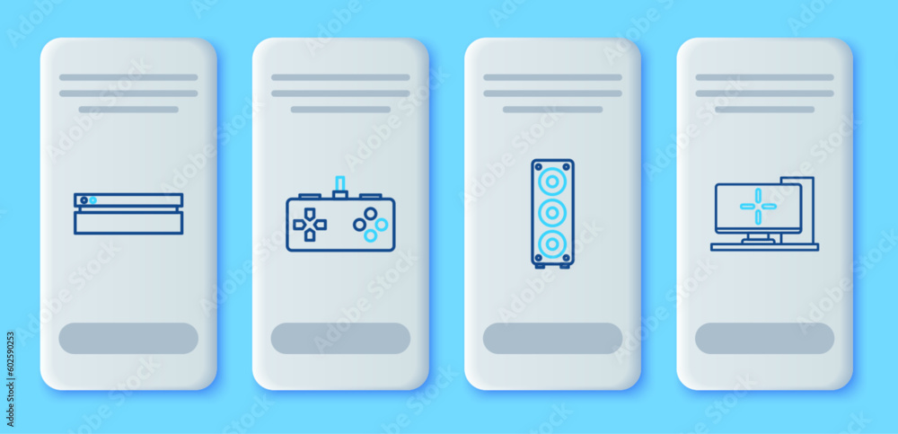 Poster set line gamepad, stereo speaker, video game console and computer monitor icon. vector