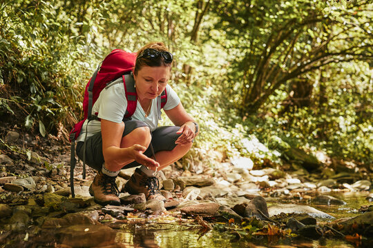 Traveling with backpack concept image. Backpacker female in trekking boots crossing mountain river. Summer vacation trip