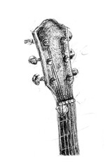 Guitar neck illustration. Retro vintage sketch of an acoustic guitar neck.