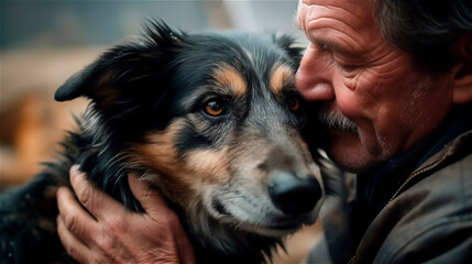 an elderly dog owner lovingly strokes his dog, gerenative AI