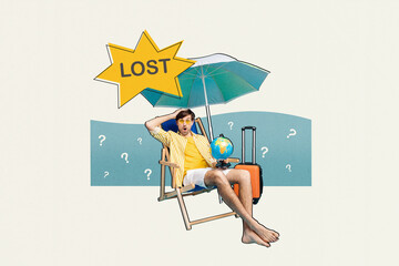 Funny collage of funny young man lying sunbed hand head confused hold globus lost dont know...
