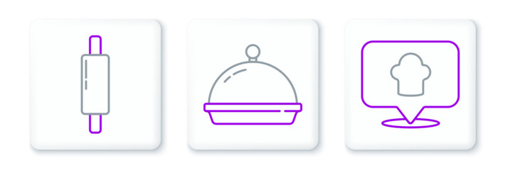 Set line Chef hat with location, Rolling pin and Covered tray of food icon. Vector