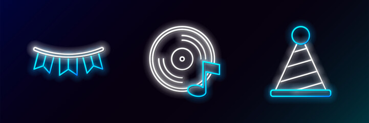 Set line Party hat, Carnival garland with flags and Vinyl disk icon. Glowing neon. Vector