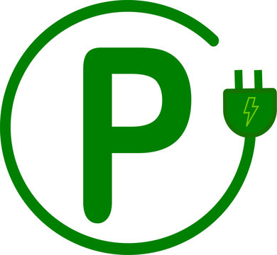 Letter P with plug icon. Green electric vehicle parking sign. Electric car charging point. Parking space for Eco friendly hybrid cars. Green energy concept .Replaceable  vector design. 