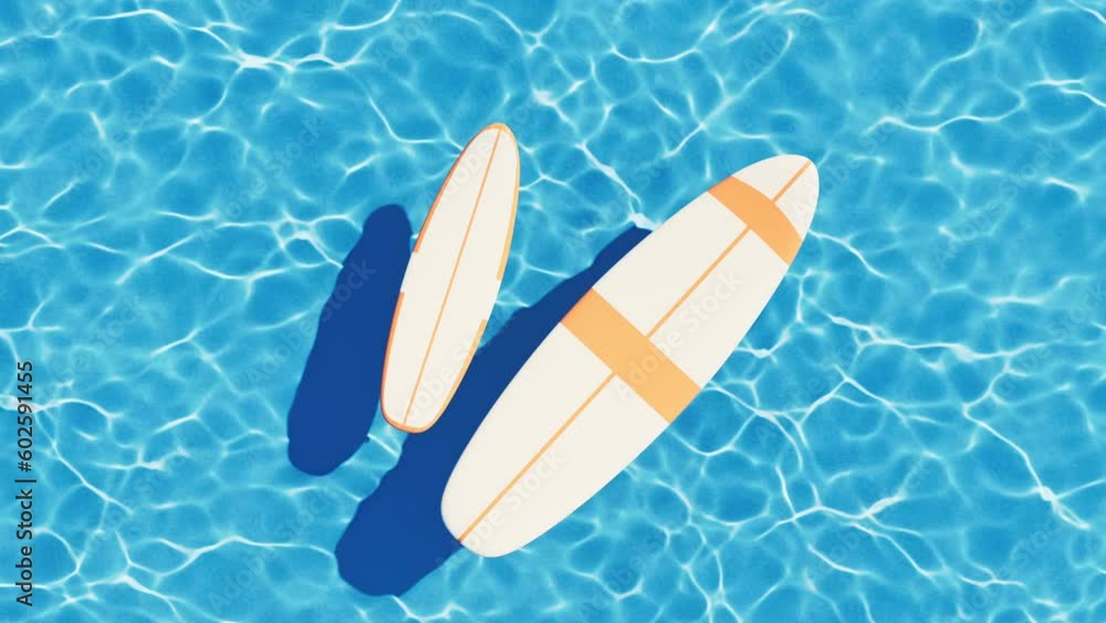 Poster loop animation of surfboard and flowing water, 3d rendering.