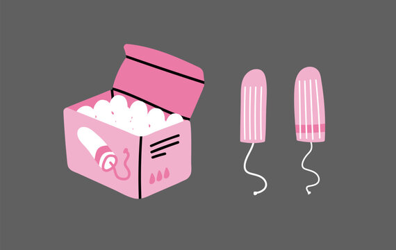 Cute hand drawn menstrual tampons isolated vector illustration. Two pink cotton tampons and tampon box packaging design. Doodle style outline feminine intimate hygiene, periods sanitary, health care.