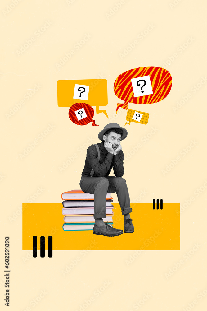 Poster drawing poster banner collage of guy geek nerd student sitting book pile have no idea about solving 