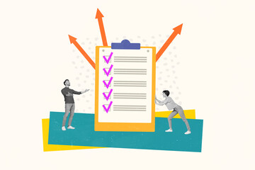 Magazine template collage of employee lady show document with done tasks excited executive happy...